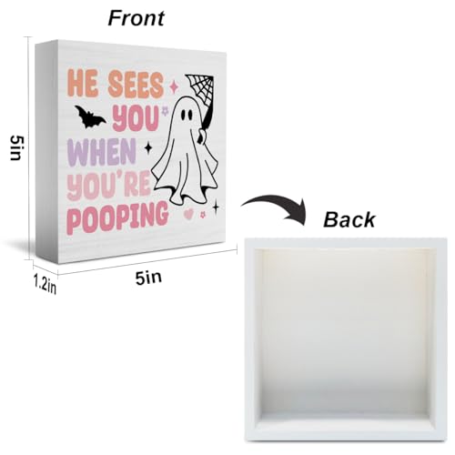 Cute Pink Ghost Pooping Halloween Decor - 5x5 Wooden Sign
