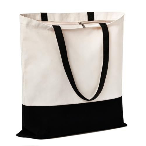 Halloween Canvas Tote Bag with Zipper for Women - Beige/Black