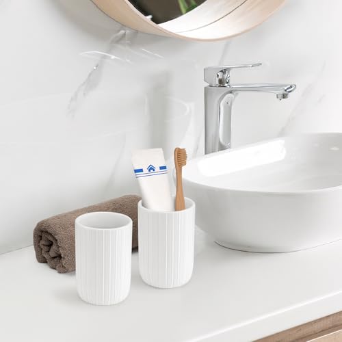 UHEY HOME Ceramic Bathroom Tumbler, 12.6oz Stripe White Toothbrush Holder