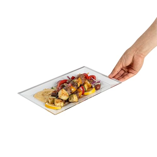 Restaurantware Moderna 11.5 x 7.3 Inch Premium Disposable Plates 100 Rectangular Plastic Plates For Parties - Silver-Rimmed Durable White Plastic Dinner Plates For Warm And Cold Foods