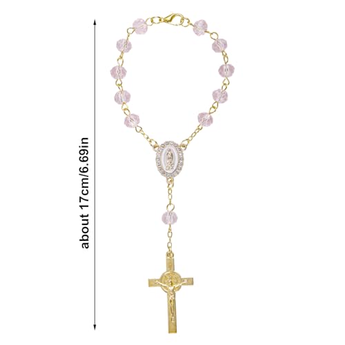 Pink Mini Car Rosary with Cross Pendant for Rearview Mirror
