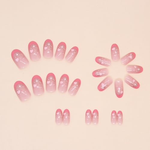 Pink Almond Press On Nails with Heart Star Design - 24Pcs Glossy French Tip