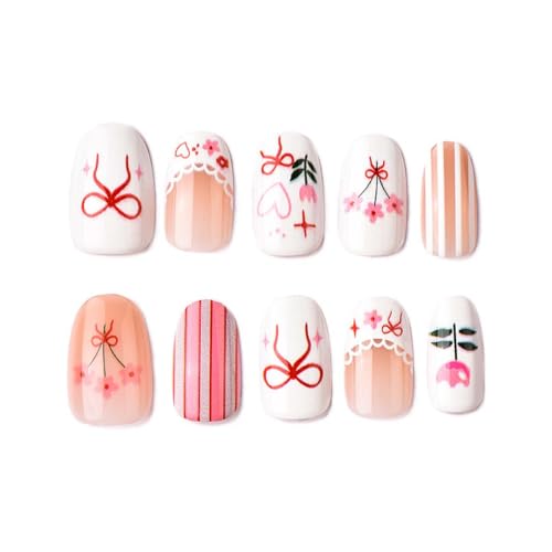 Short Almond French Tip Press On Nails with Heart and Bow Designs, 24Pcs