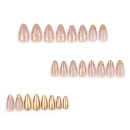 French Tip Press on Nails Medium Almond Gold Foil Fake Nails 24PCS