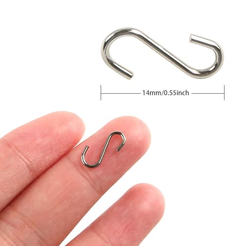 FEBSNOW 250pcs Mini S Hooks 14mm Small Metal Wire Hangars with Storage Box