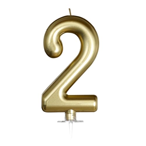 Number 2 Birthday Candle - 5.75 Inch Metallic Gold Cake Topper