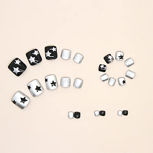 Onsdag Press on Toenails Black Designs 24 Pcs Glossy Square False Toe Nails