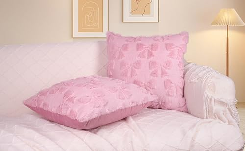Yuubin Pink Bow Throw Pillow Covers 18x18, Set of 2 Plush Coquette Decor