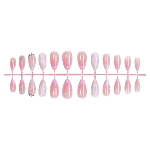 Pink French Tip Almond Press on Nails with 3D Rhinestone Glitter