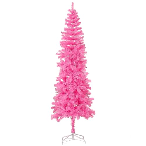 Pink 7ft Hinged Artificial Christmas Tree with Metal Stand - Slim & Easy Assembly