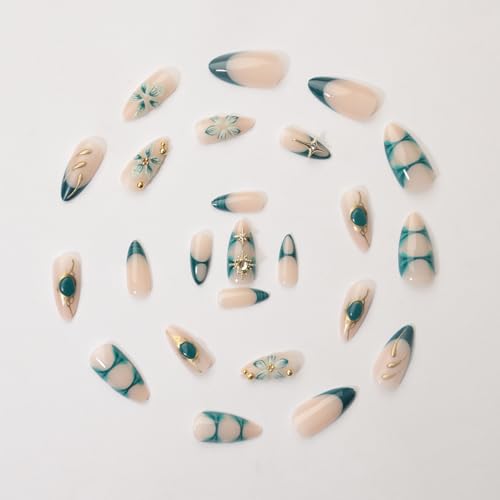 BUNLVDI Blue French Tip Press on Nails Medium Almond Flower False Nails 24Pcs
