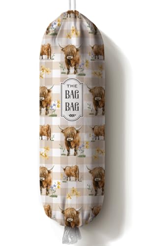 Highland Cow Plastic Bag Holder - Brown Canvas Grocery Bag Organizer