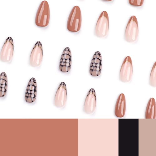 Fall Press on Nails Almond French Tips Nude Brown Gold Glitter Medium