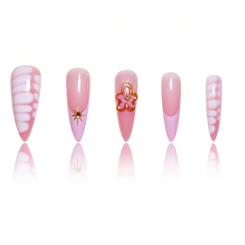 Teilihai Long French Tip Almond Press on Nails with 3D Flowers and Stars