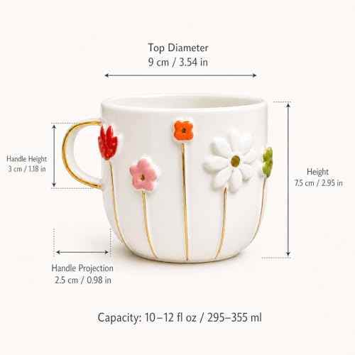 Flowers 12 oz Handmade Ceramic Mug with Gold Accents - Floral Coffee Cup