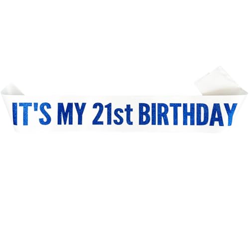 It's My 21st Birthday Satin Sash with Blue Glitter Letters White