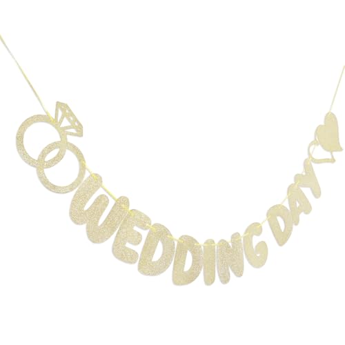 Wedding Day Banner with Hearts & Ring Shapes - Gold Glitter Wedding Decor