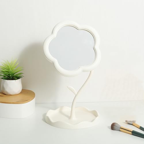 White Flower Desktop Makeup Mirror with Organizer Tray - 360° Rotating