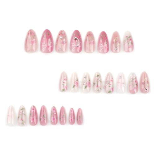 Pink Floral Medium Almond Press-On Nails with 3D Pearl Designs