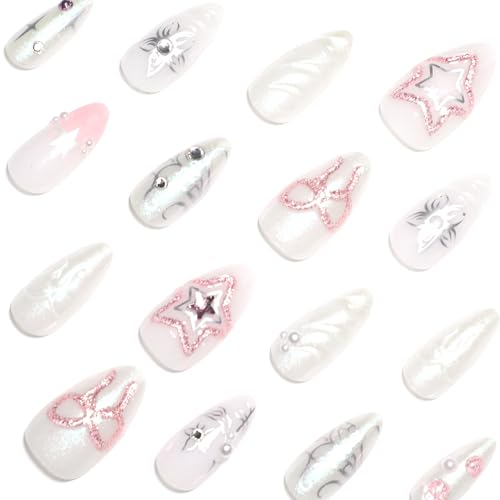 Medium Almond Press on Nails with Bow Star Pearl and Rhinestone Designs - 24 Pcs Acrylic Fake Nails