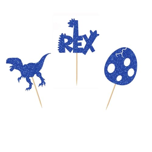 Dinosaur Cupcake Toppers - 24 PCS Glitter Blue T-Rex Decorations