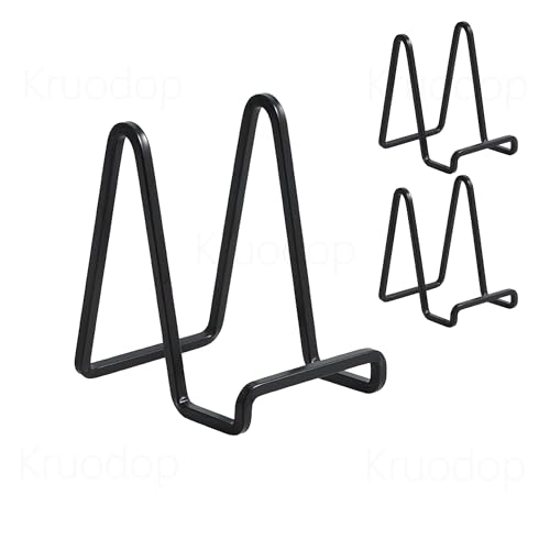 Kruodop 3-Inch Metal Plate Stands, Black Iron Display Easels (3 Pack)