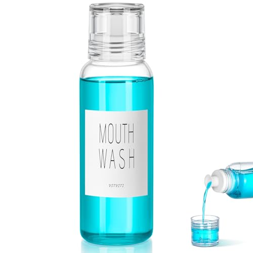 VITVITI 10 oz Glass Mouthwash Dispenser with Pour Spout and Cup, White