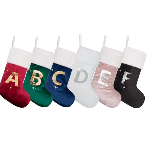 Christmas Stocking Black Velvet Gold Sequin Monogrammed 20 Inches - Letter M