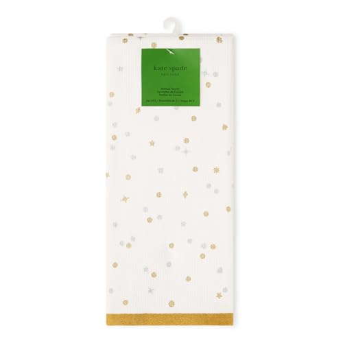 Kate Spade New York Celebration Dot Holiday Kitchen Towels 2-Pack Set, 100% Cotton with Metallic Print, Lint-Free & Absorbent, Ivory/Gold/Silver, 17"x28"