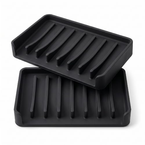 Bathway Silicone Soap Dish - Self-Draining Bar Soap Holder, Black (2 Pack)
