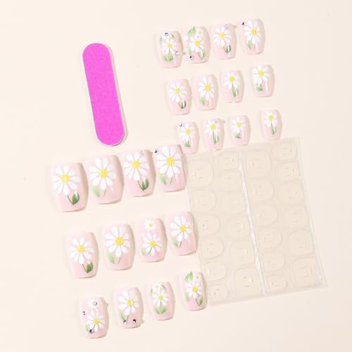 Octoswave Short Square Press on Nails with Pink Daisy Flowers and Rhinestones