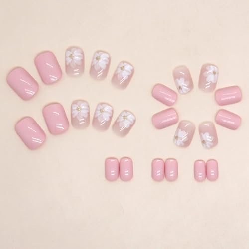 Short Square Glossy Pink Press On Nails with Camellia Design 32pcs