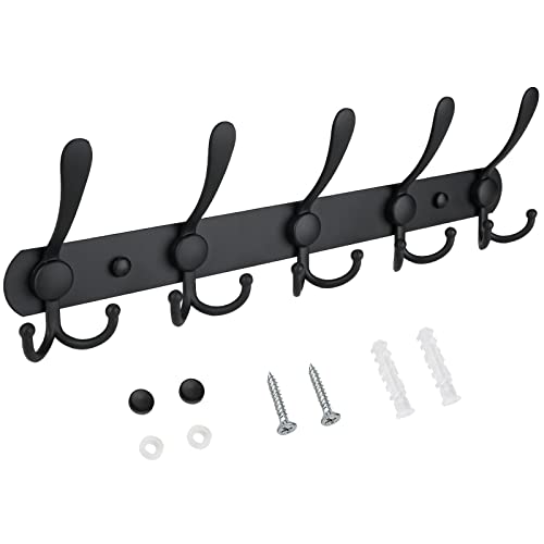 TICONN Wall Mounted Coat Rack, 5 Heavy Duty Tri-Hooks - Matte Black