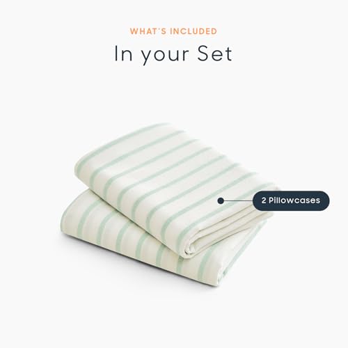 Striped Pillow Cases Set of 2 - 100% Washed Cotton, Green & White, Standard Size 20x26 Inches