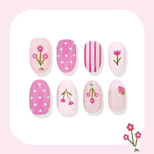Medium Oval Press on Nails Cute Strawberry Acrylic False Nails Pink Tulip