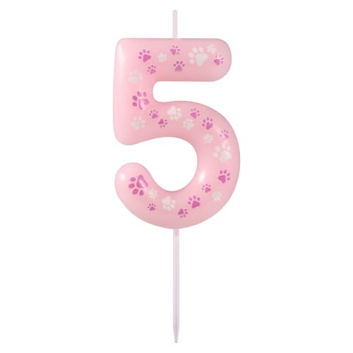 Pink Dog Paw Print Birthday Candle - Number 5 Cake Topper