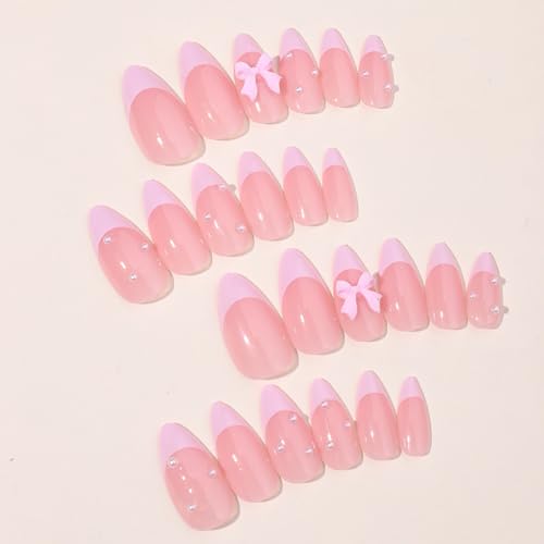 French Tip Press on Nails with Pink Bow Glossy Almond False Nails Kit