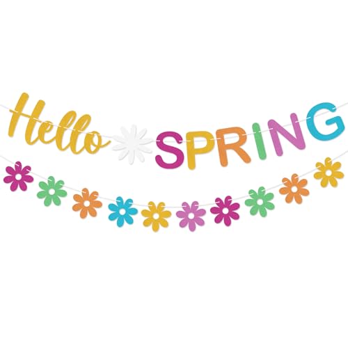 Hello Spring Glitter Banner with Daisy Flower Garland - Colorful Party Decoration