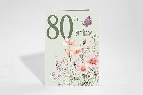 Red Door Inspirations 80th Happy Birthday Card - 80th Green Floral, Made in USA