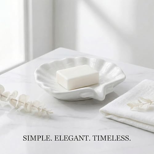 Ceramic Sea-Shell Soap Holder with Self-Draining Design - Elegant and Easy-Clean (White)