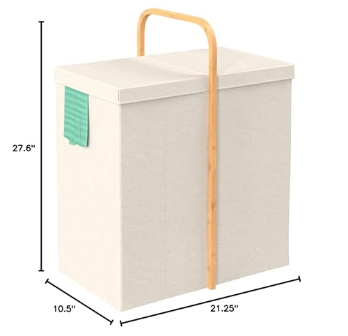ClosetMaid Laundry Hamper Basket, Foldable with Lid, Two Compartments, Bamboo Handle, Portable, Collapsible Design, Freestanding, Beige