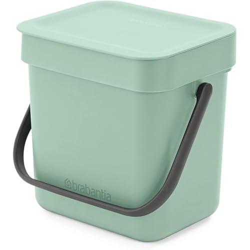 Brabantia Sort & Go Waste Caddy 0.8 Gallons (Jade Green) Space-Efficient Recycling Pail with Handle, Removable and Stay-Open Lid, Easy to Clean Kitchen Compost Caddy Without Nooks and Rims