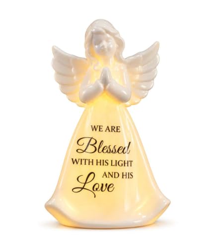 White Lighted Porcelain Angel Figurine with Inspirational Faith Message - Christian Home Decor