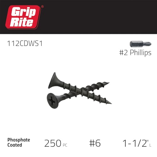 Grip-Rite #6 x 1-1/2 Inch Coarse Thread Drywall Screws - Pack of 204, Phosphate Coated