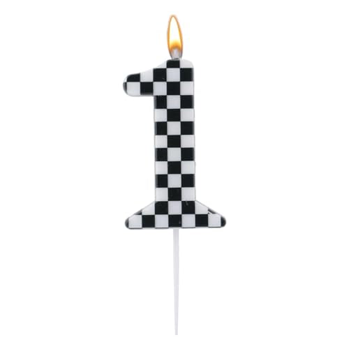 Racing Car 1st Birthday Candle - Black & White Checkered Design