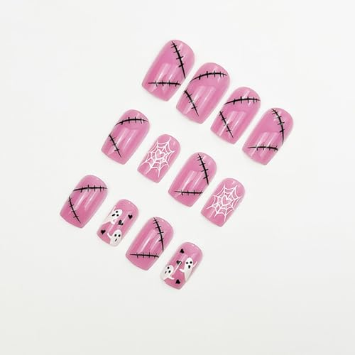 Sutaozhi 24Pcs Pink Halloween Ghost Press On Nails Medium Square False Nails