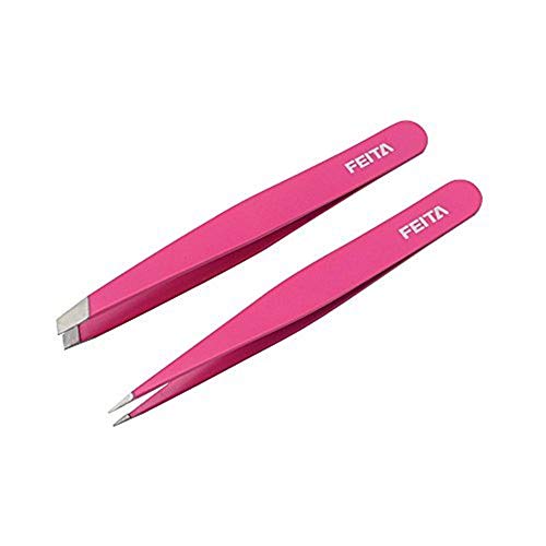 FEITA Professional Stainless Steel Eyebrow Tweezers Set - Pink Slant & Pointed Hair Removal Clip with Travel Case, 2 Pcs