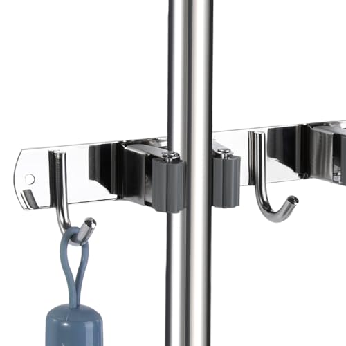 voze Stainless Steel Broom and Mop Holder - 2 Racks and 3 Hooks, Silver