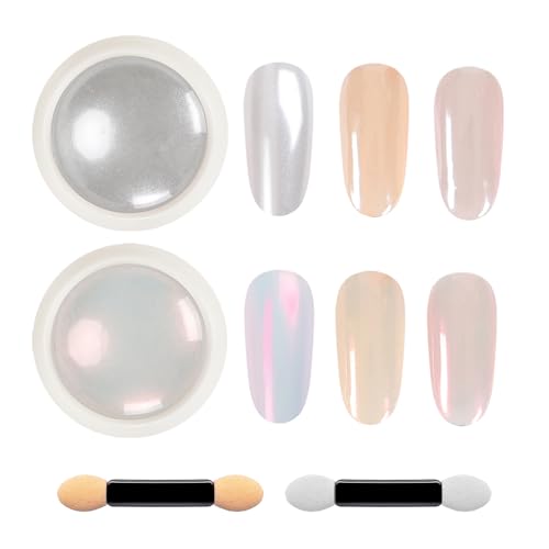GAZEPLUS Pearl Chrome Nail Powder Set - 2 Colors Mermaid Pearlescent Glitter Dust Kit