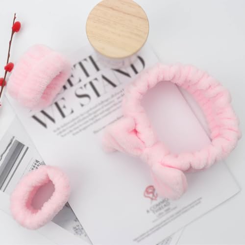 Mekupeu Pink Microfiber Spa Headband & Wrist Wash Band 3-Piece Set